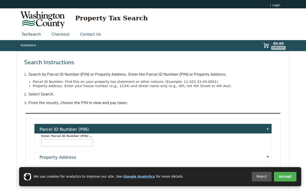 Cottage Grove residents directory view of Washington County property search controls