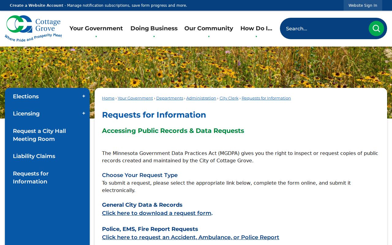 Cottage Grove residents directory image of the City Requests for Information route