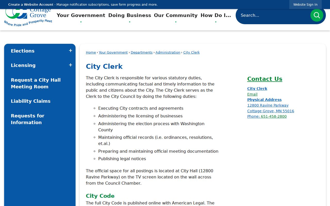 Cottage Grove previous residents City Clerk records route