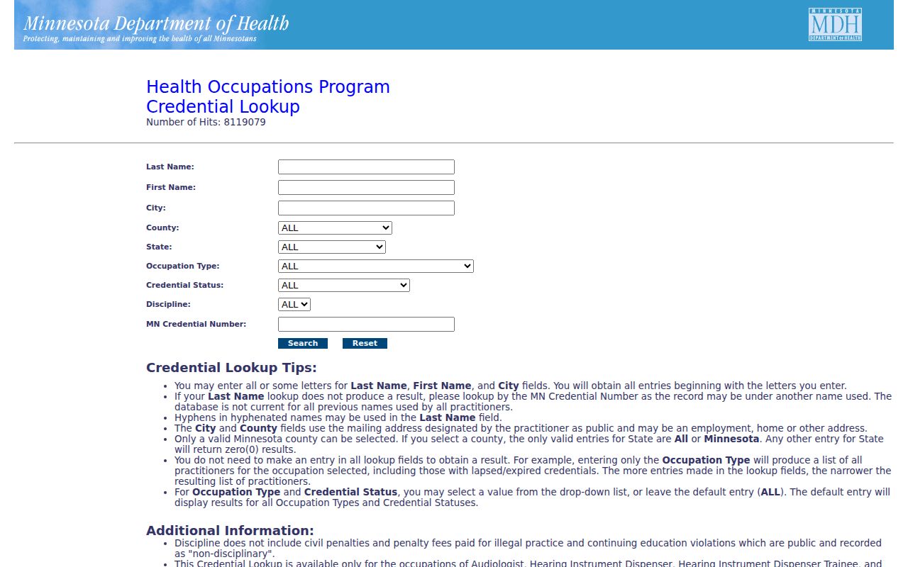 Cottage Grove resident lookup health credential search fields